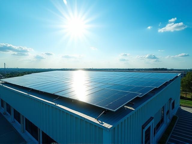 Centre commercial avec panneaux solaires sur le toit, réduction CO2 150 tonnes par an