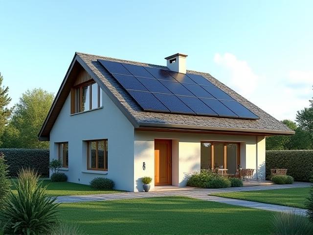 Maison individuelle avec panneaux solaires sur le toit, projet solaire 8 kW